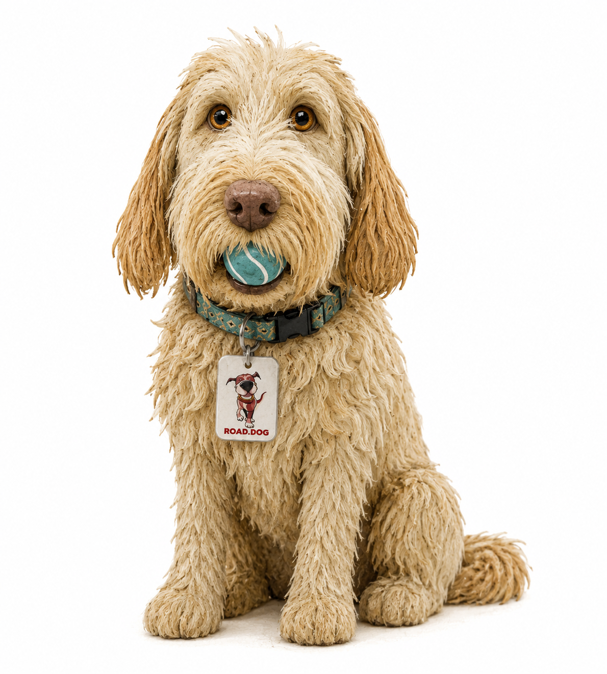 A dog wearing a RoadDog Smart Tag on its collar